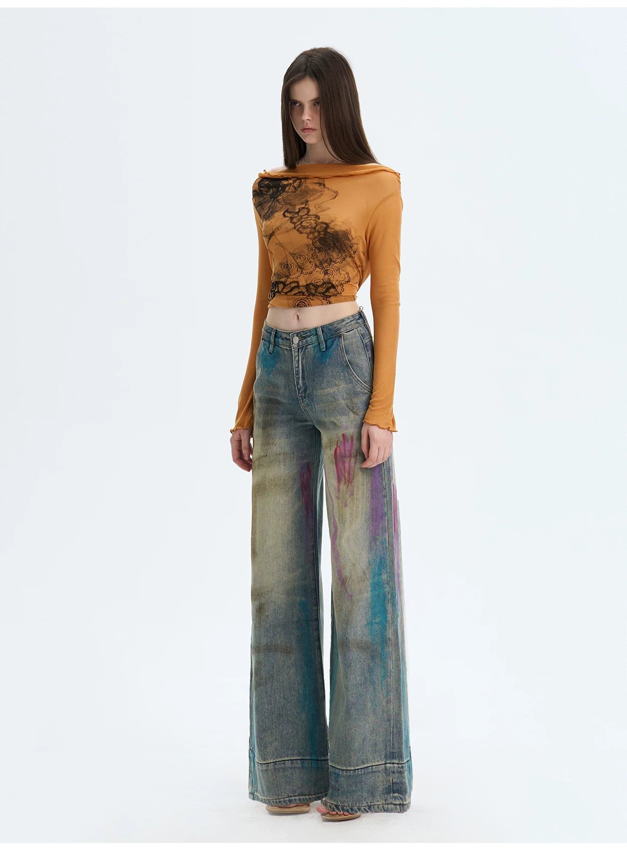 Washed Blue Graffiti Straight-Leg Denim Jeans