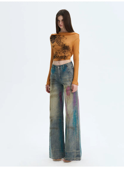 Washed Blue Graffiti Straight-Leg Denim Jeans