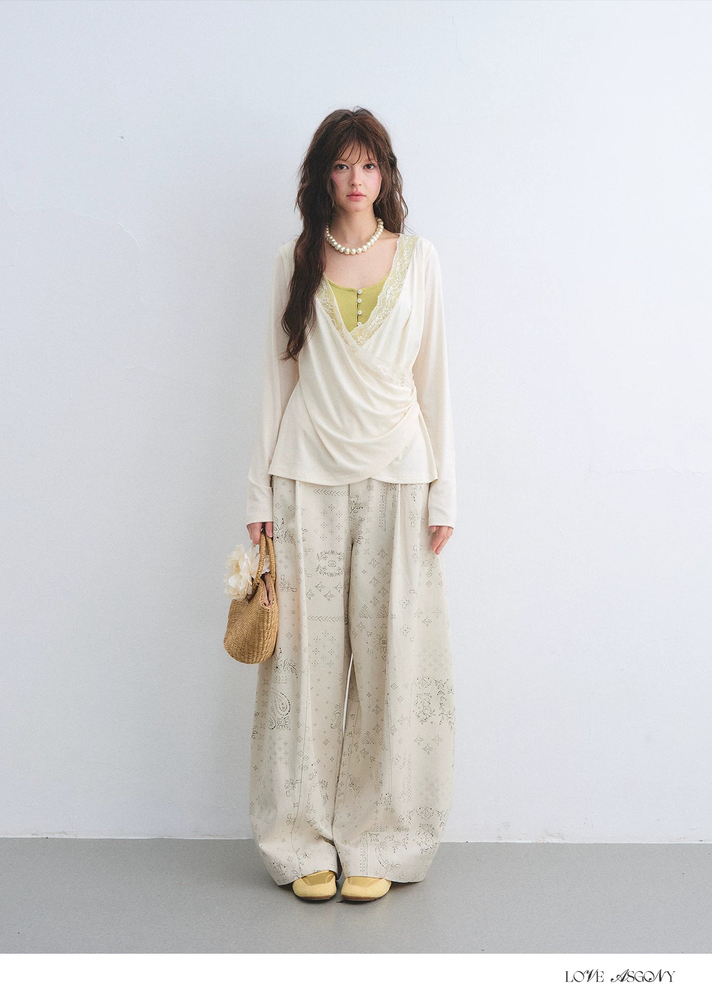 Tencel Lace Contrast Layered Cross-Drape Blouse