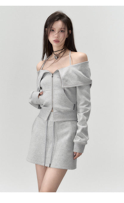 Gray &amp; Brown Hooded Off-Shoulder Blouse &amp; Shorts Set