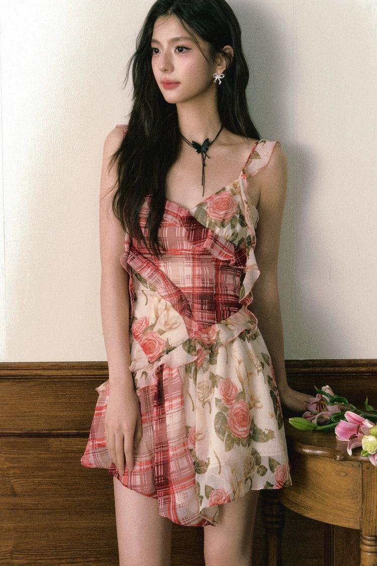 Red Plaid Rose Floral Dress