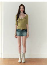 The NeverMore Vintage Embroidered Ruched Scoop-Neck Top NeverMore