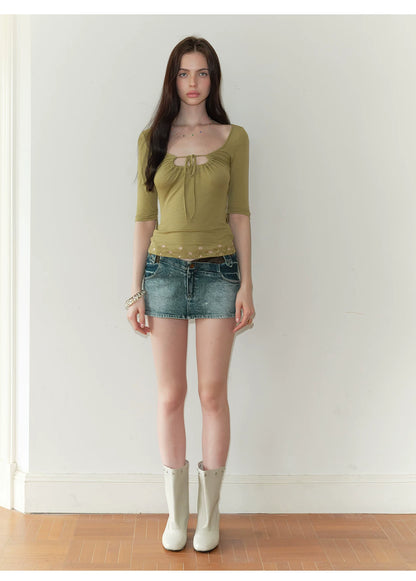 The NeverMore Vintage Embroidered Ruched Scoop-Neck Top NeverMore