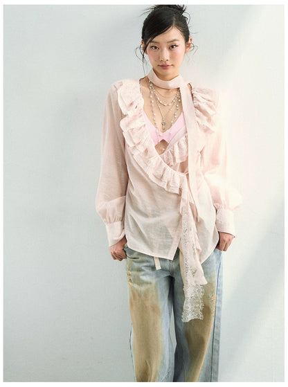 Lace Ruffle Tie Blouse