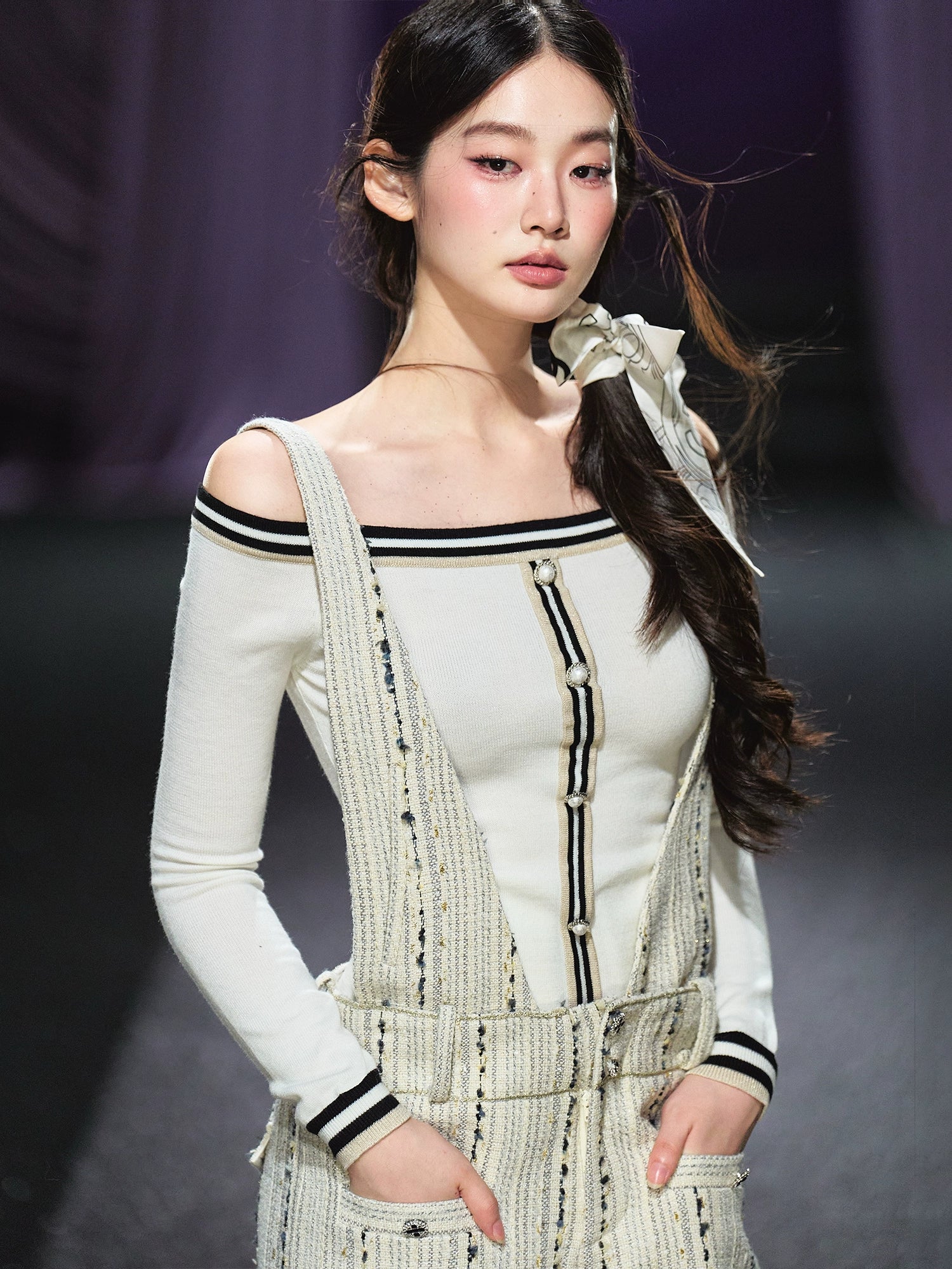 Off-Shoulder Wool-Blend Slim Knit Cardigan