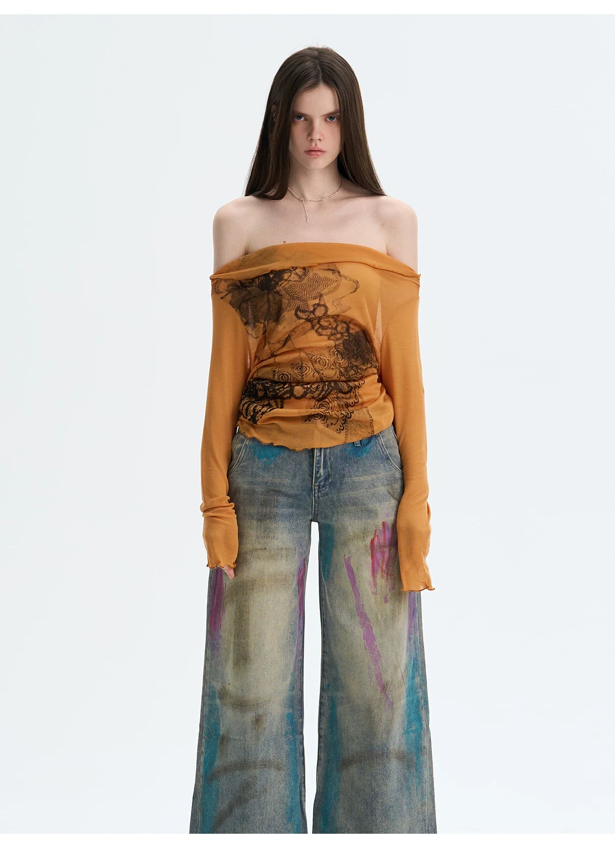 Lyocell Off-Shoulder Knit Crewneck