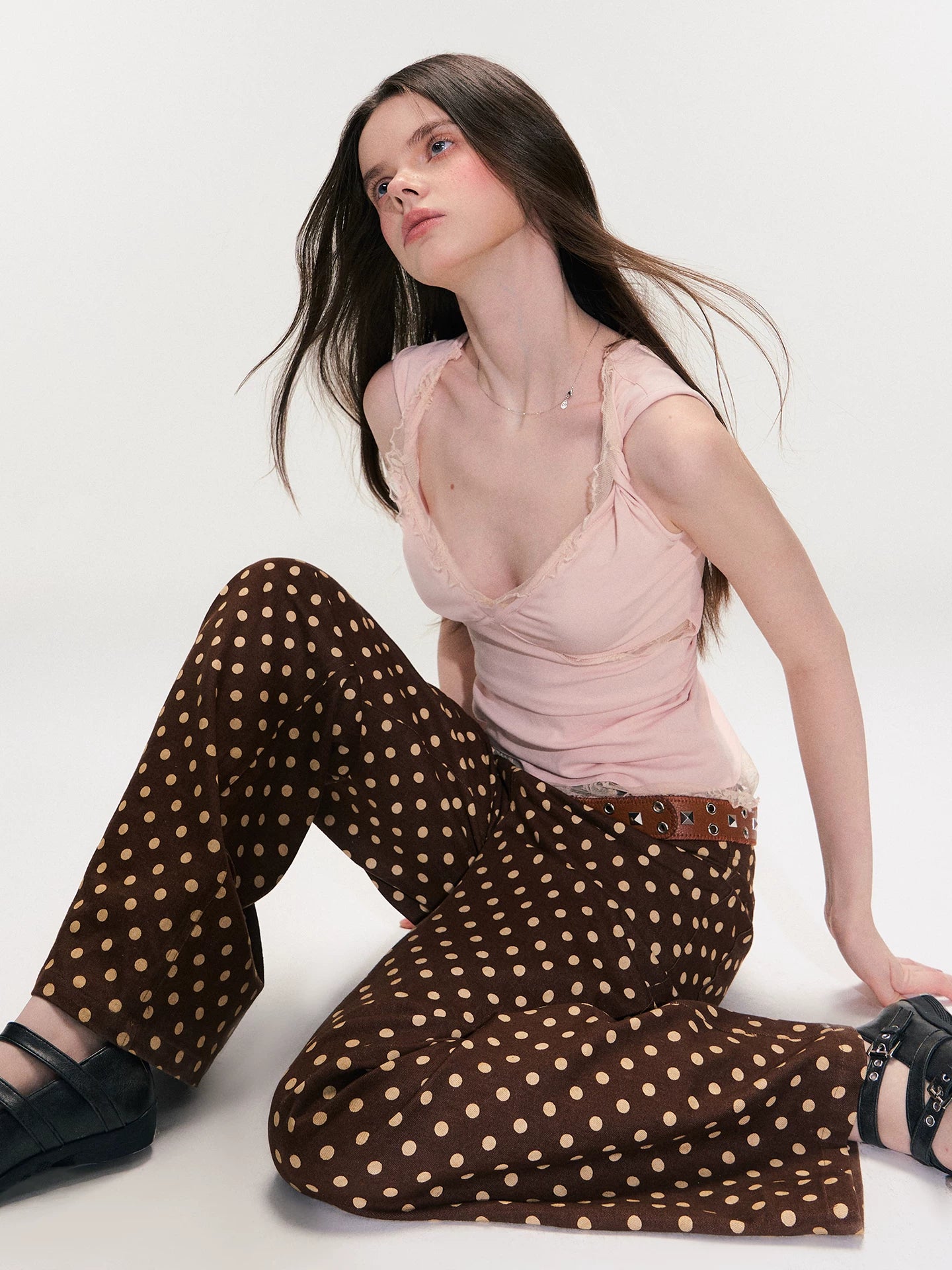 Vintage Polka Dot Straight-Leg Denim Trousers