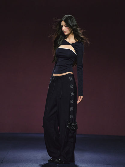 Rhinestone Pocket Drawstring Wide-Leg Pants - CHINASQUAD