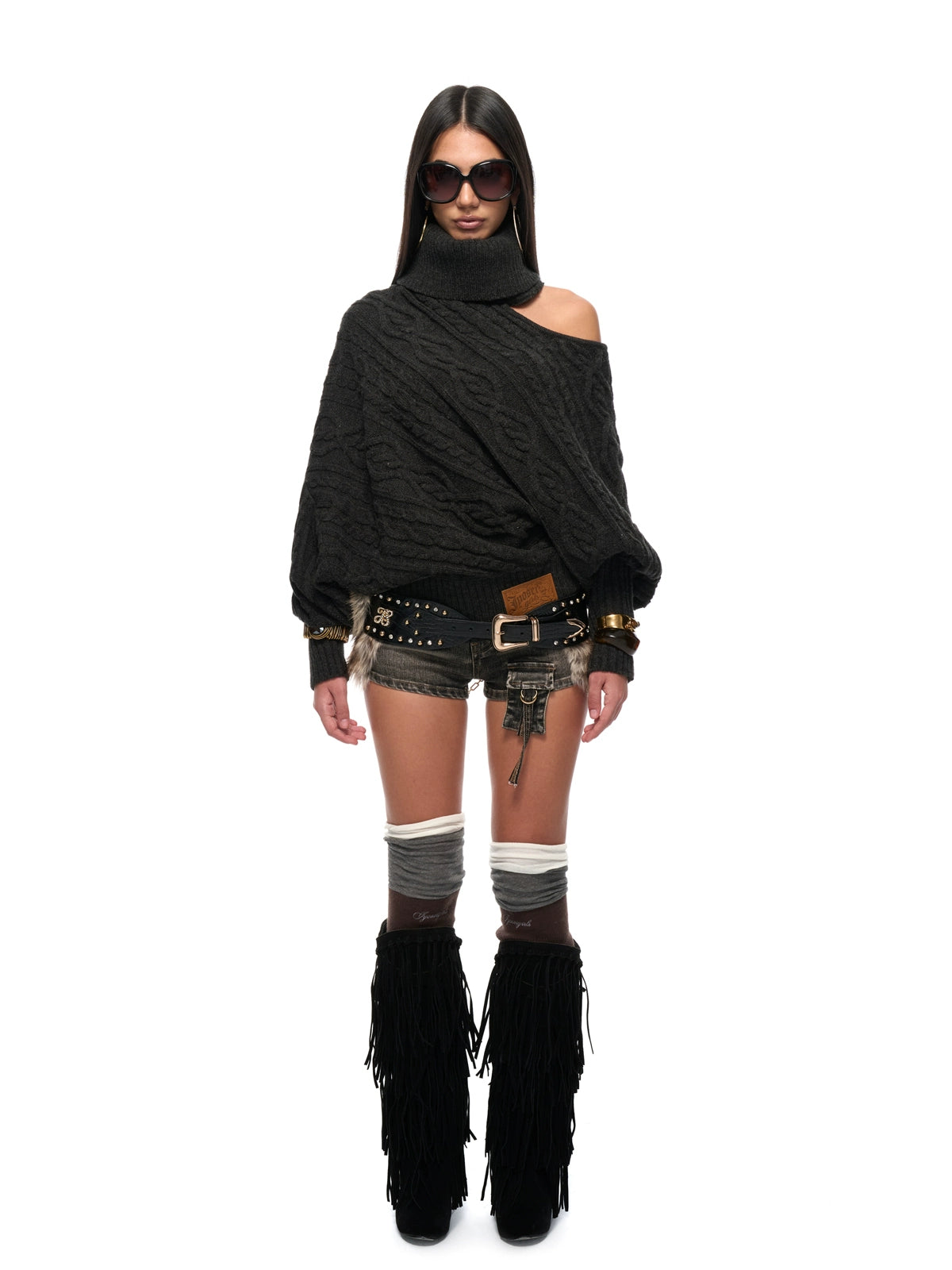 Wool-Blend Batwing Cable Knit Sweater