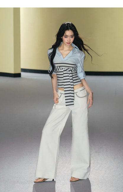 Layered Contrast Tie-Waist Shirt Top