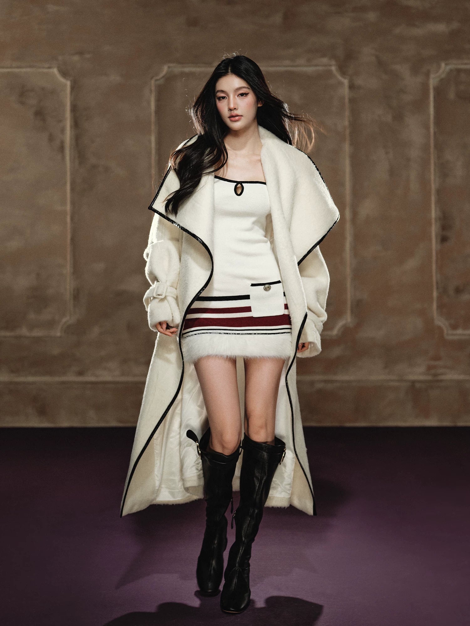 Wool-Blend Long Coat &amp; Striped Slip Dress Set