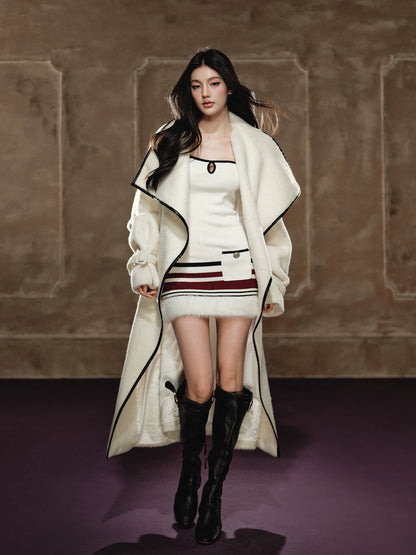 Wool-Blend Long Coat &amp; Striped Slip Dress Set