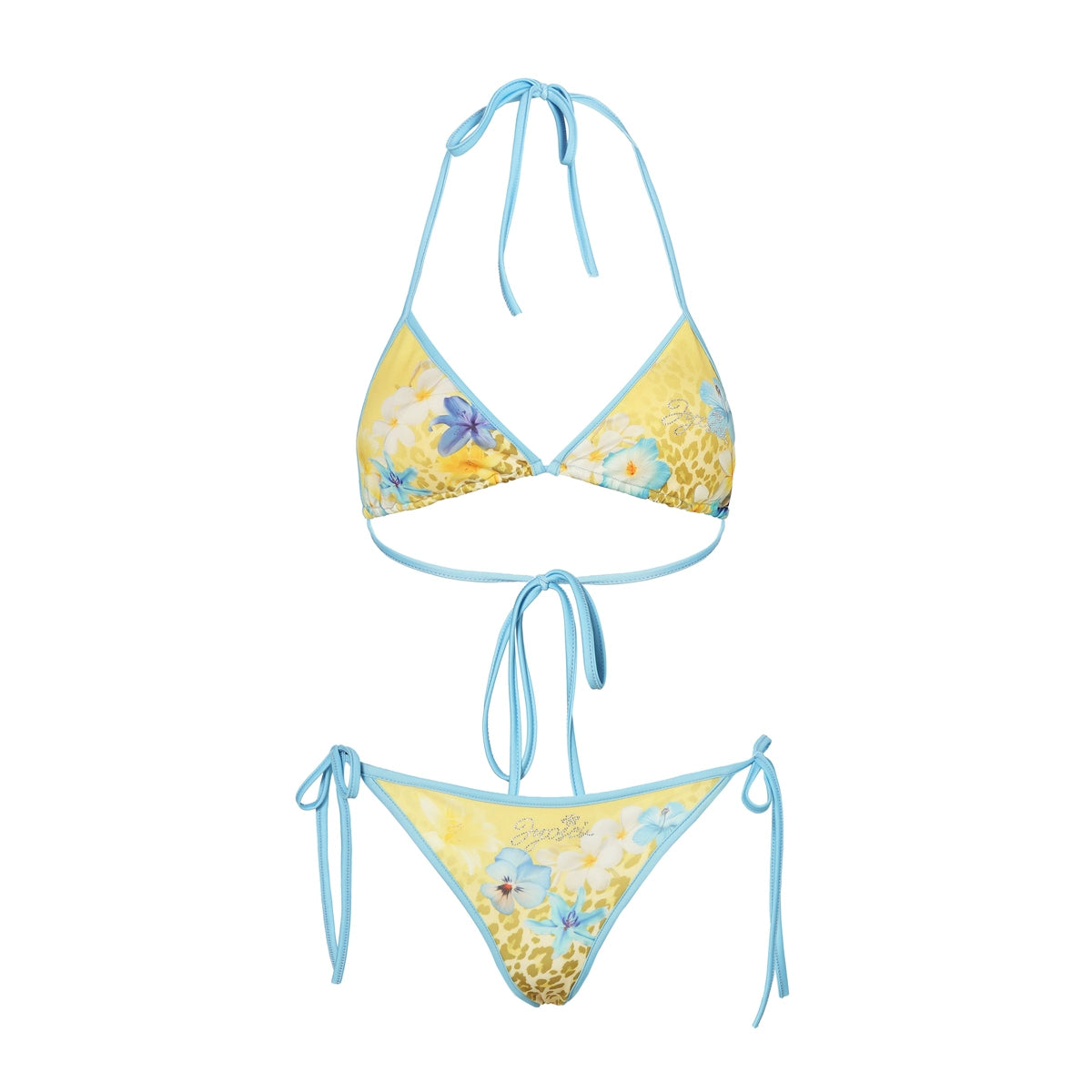 Yellow–Blue Contrast Print Tie Bikini Set