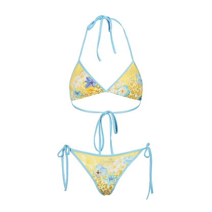 Yellow–Blue Contrast Print Tie Bikini Set