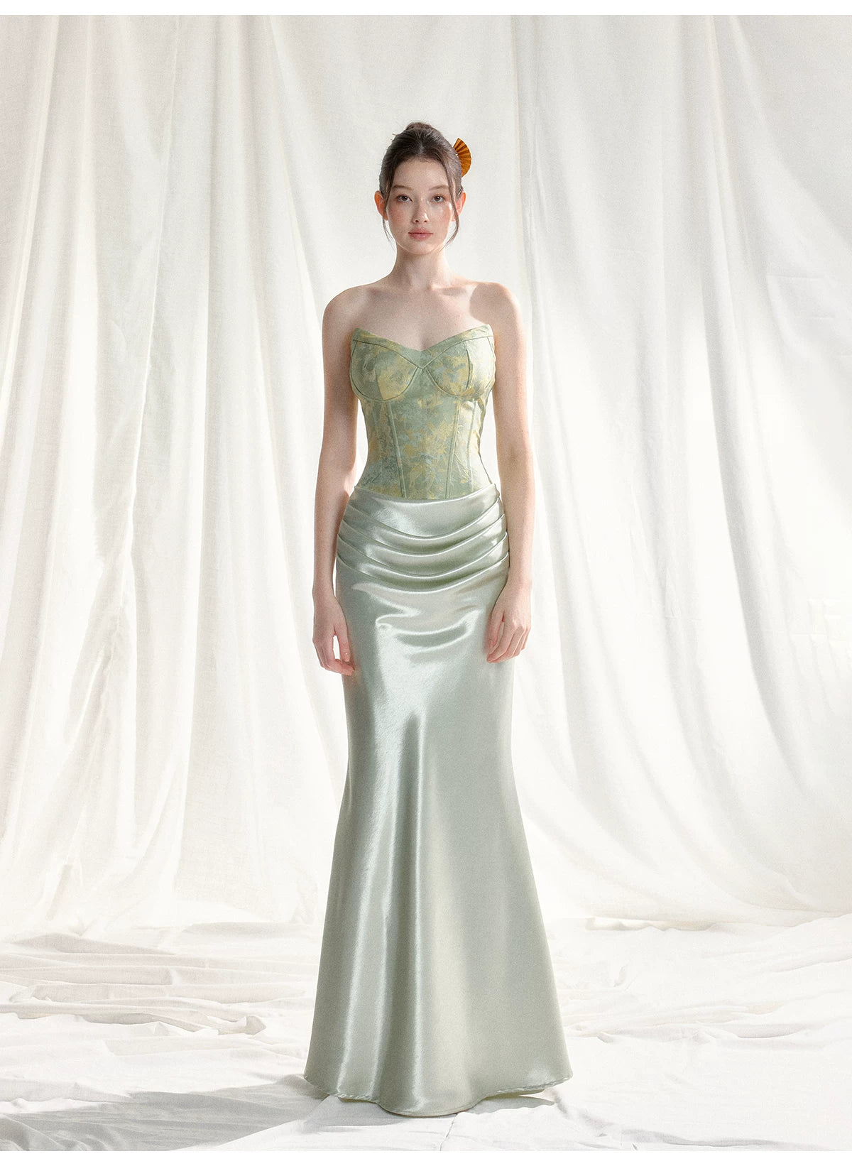 Jade Whisper Jacquard Corset Satin Evening Gown