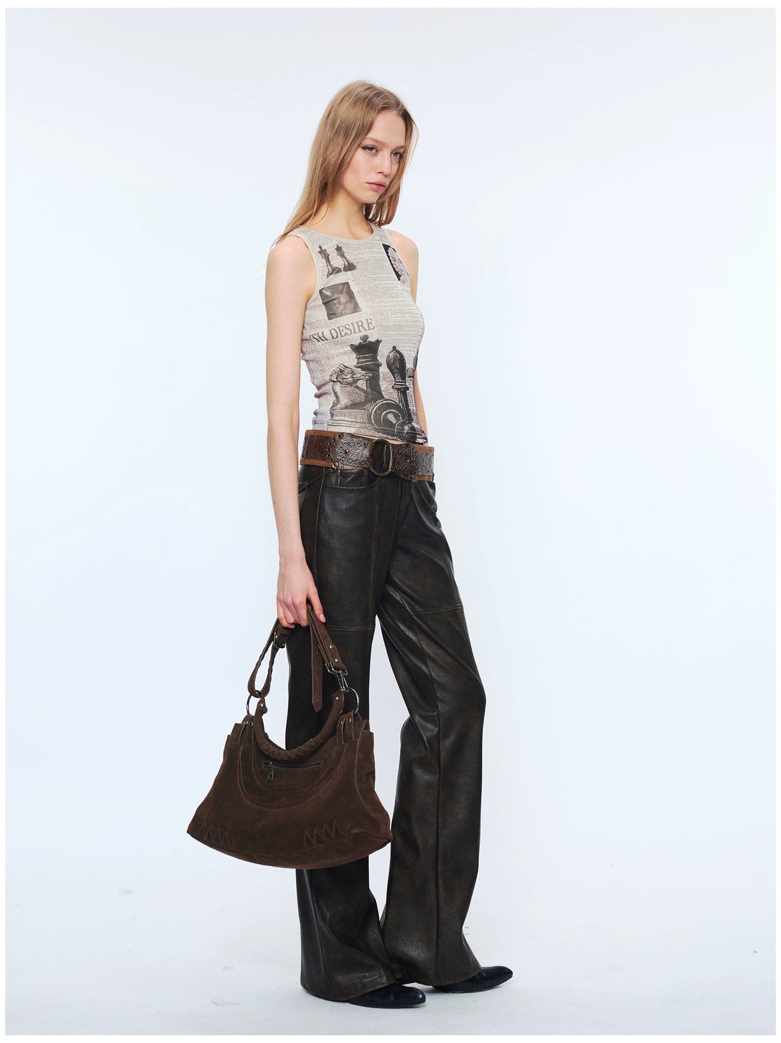 Reversible Newspaper Print Lace Panel Tank Top