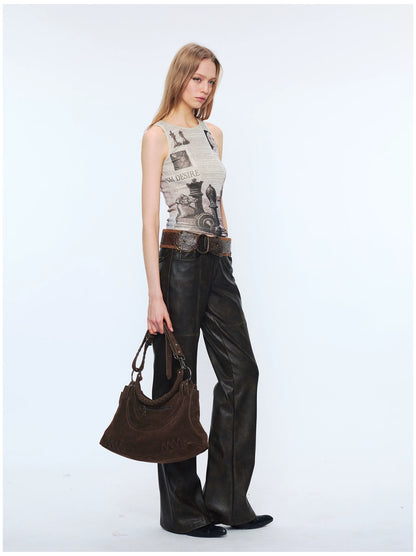 Reversible Newspaper Print Lace Panel Tank Top