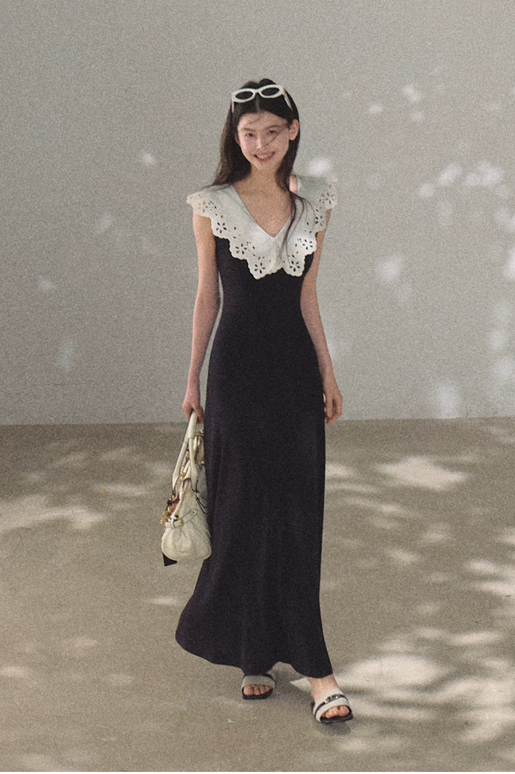 Shifting Tree Shadow Cotton Backless Waist-Cinched Vacation Dress