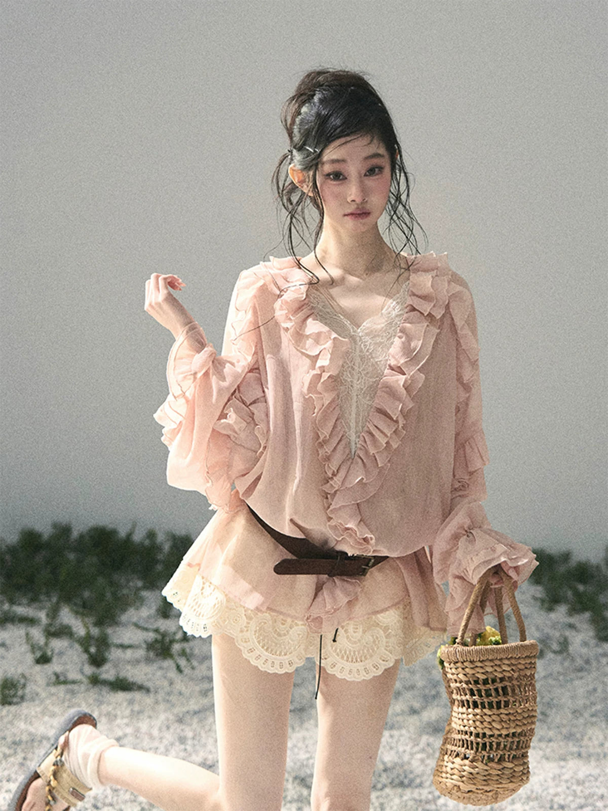 French Ruffle Lace Chiffon Blouse