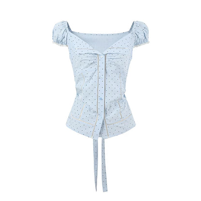 Polka Dot Lace Tie Waist Blouse