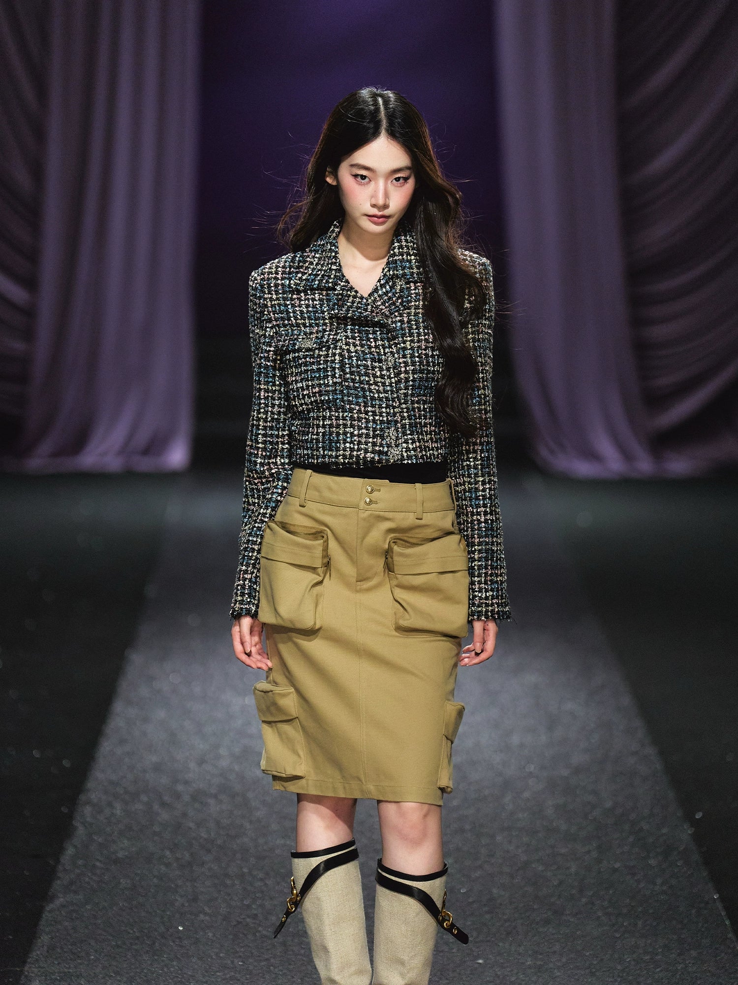 Khaki Utility Pocket Structured Midi Skirt