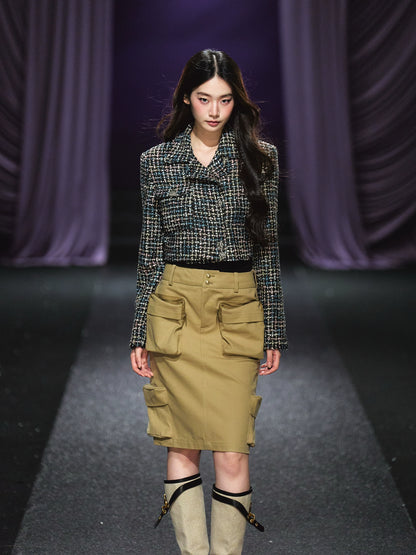 Khaki Utility Pocket Structured Midi Skirt