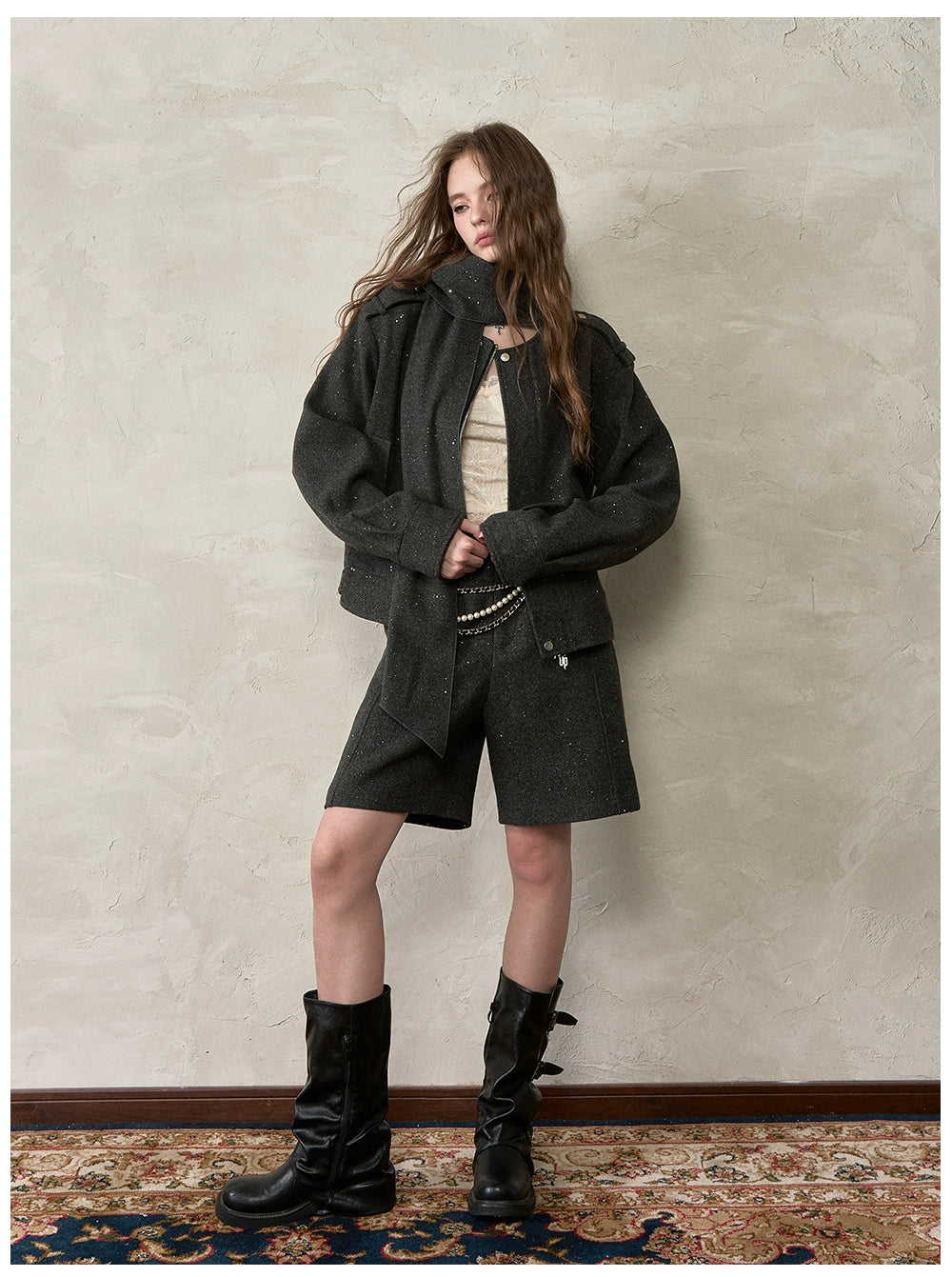 Wool Blend Scarf Detail Relaxed Jacket