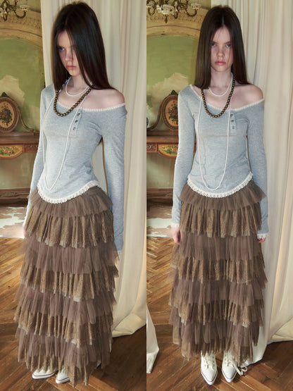 Asymmetric Henley Lace Trim Long Sleeve Top