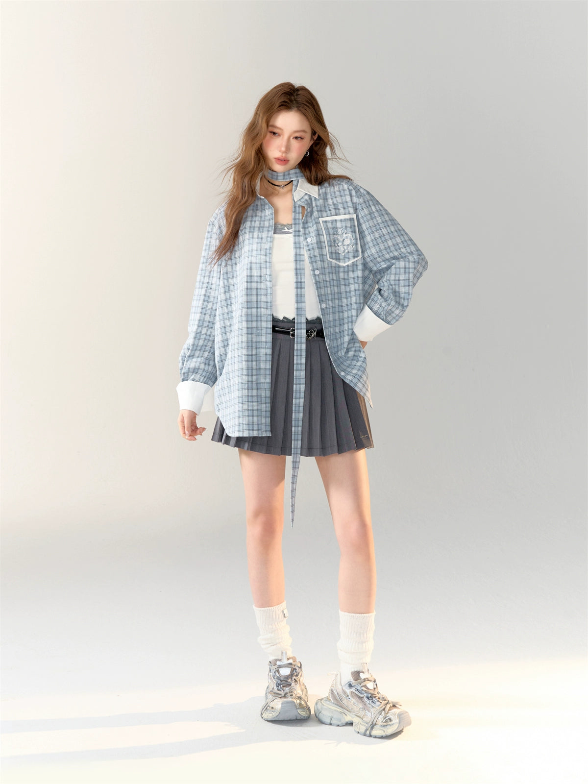 Color-block Blue Plaid Printed Shirt