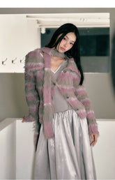 Purple & Khaki Striped Fuzzy Cardigan - CHINASQUAD