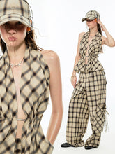 Gradient Plaid Halter Neck Backless Tank Top - CHINASQUAD