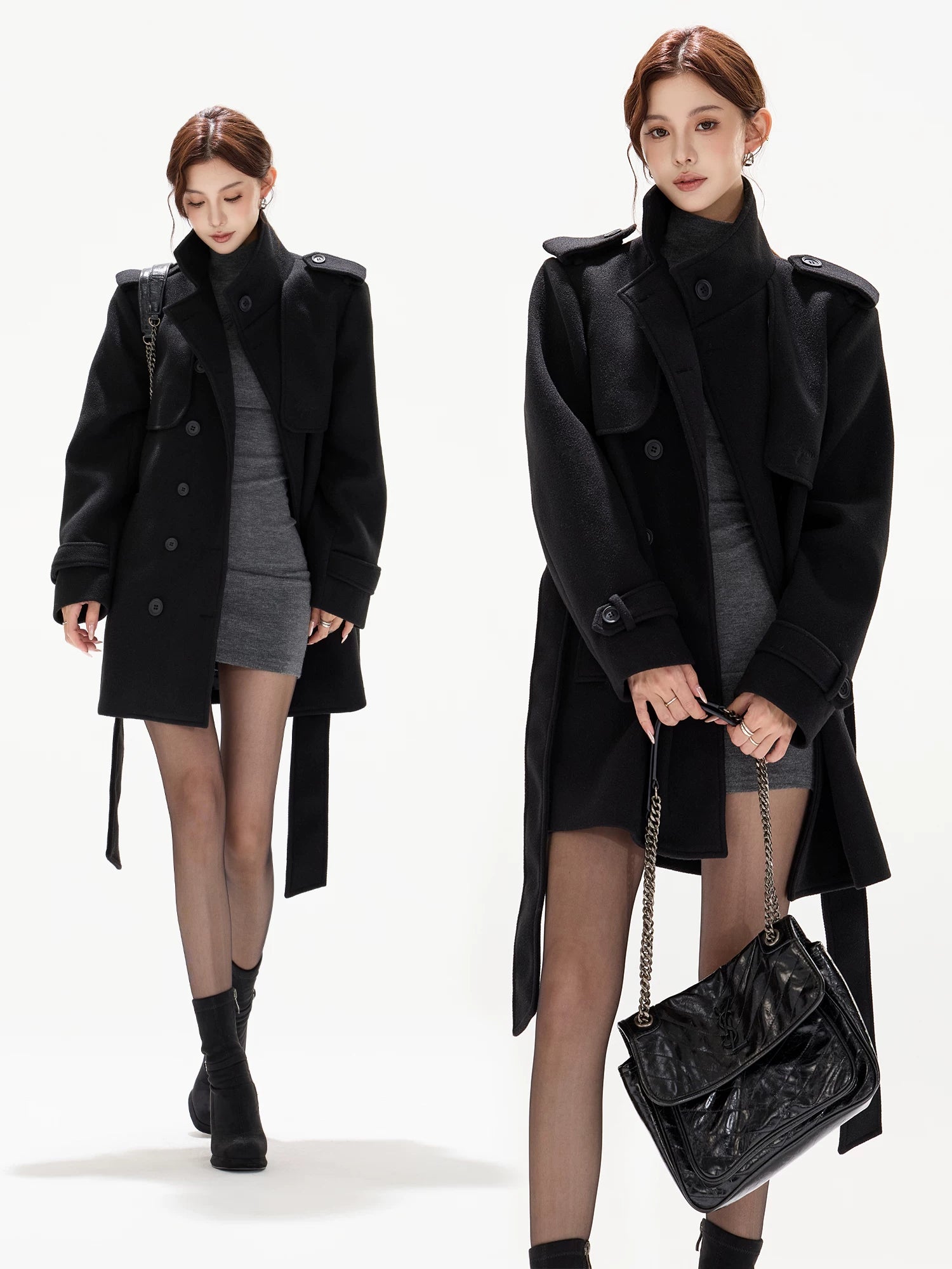 Belted Collar Mid-Length Wool-Feel Jacket