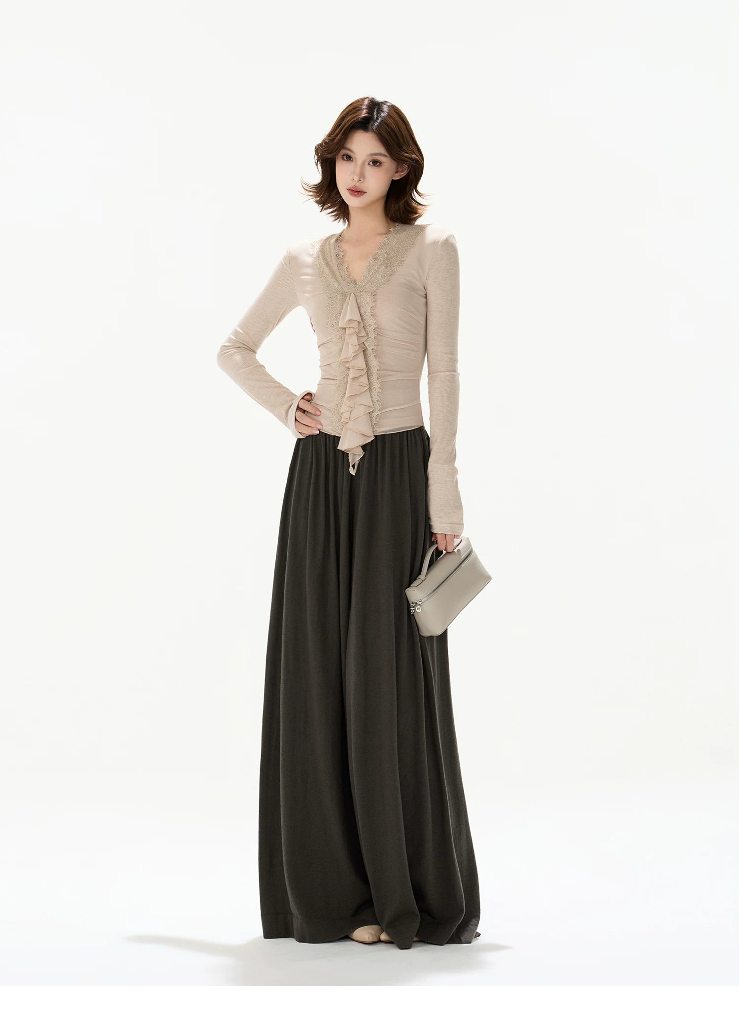 Elegant Lace Ruffle Knit V-Neck Top