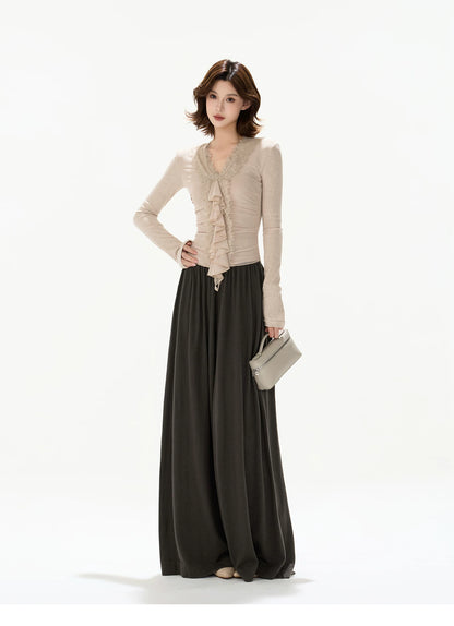Elegant Lace Ruffle Knit V-Neck Top