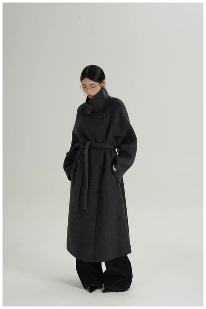 Stand-Collar Long Wool Double-Faced Coat