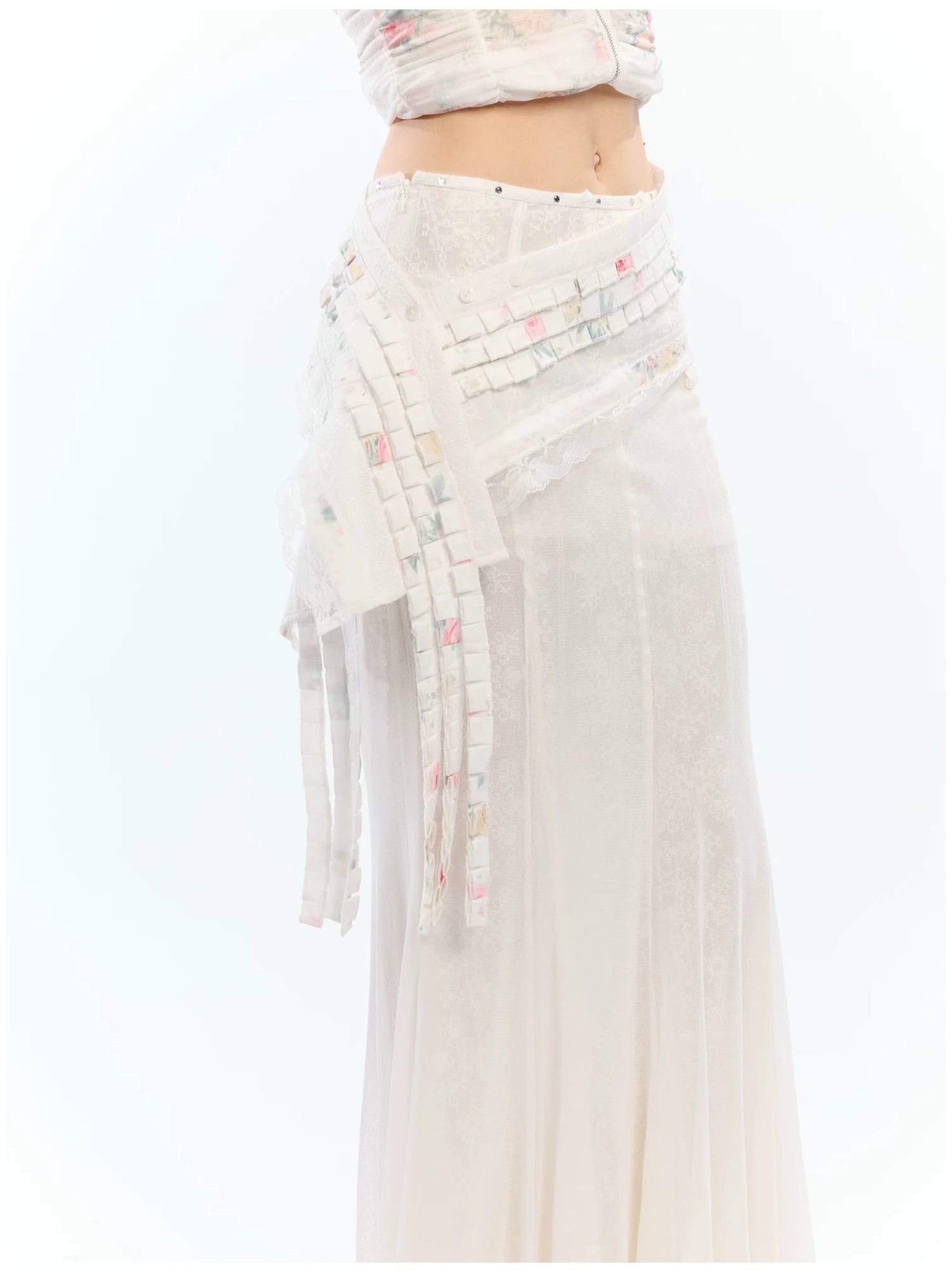 Vintage Floral Lace Asymmetric Waist Draped Overlay Skirt Belt