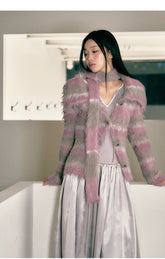 Purple & Khaki Striped Fuzzy Cardigan - CHINASQUAD