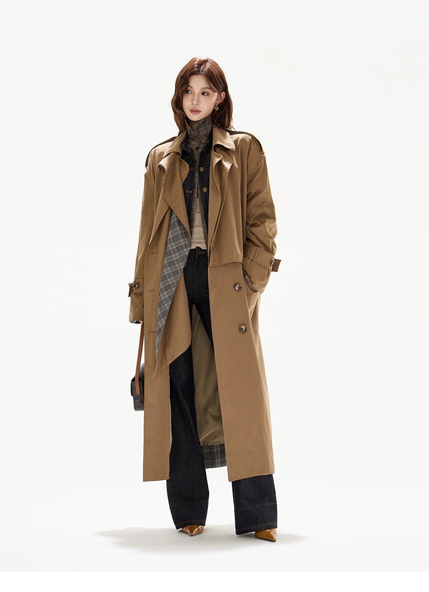 Double-Breasted Check-Panel Trench Coat
