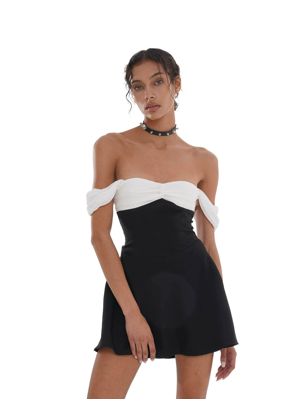 Black &amp; Gray Off-Shoulder A-Line Mini Dress