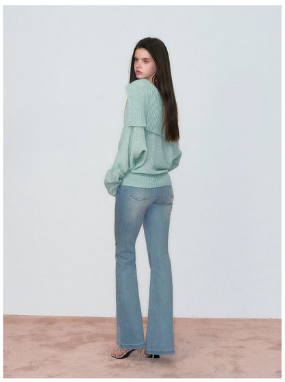 Cut-Out Collared Relaxed Wool Knit Cardigan