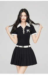 Black & Gray Contrast Polo Collar Mini Dress - CHINASQUAD