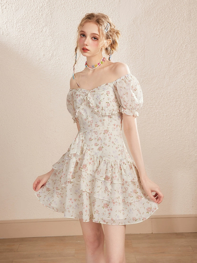 White Floral Puff Sleeve U-neck Dress