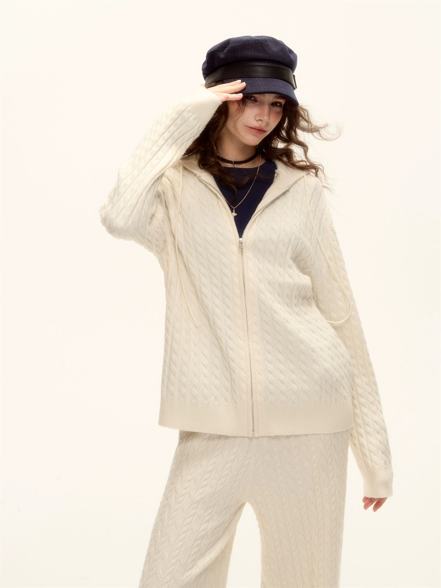 Wool Blend Cable Knit Zipped Hoodie &amp; Wide-Leg Pants Set