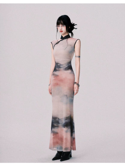 Stretch Mesh Cheongsam Maxi Dress
