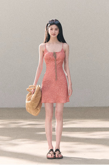 Bohemian Floral Print Waist-Cinched Sleeveless Slip Dress