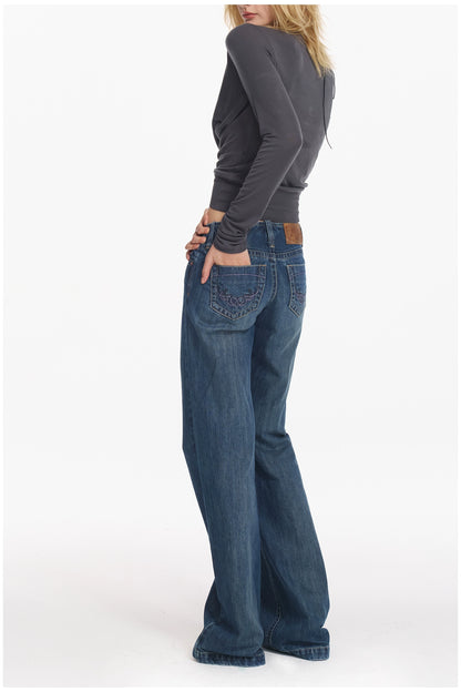 Washed Blue Embroidered Straight Jeans - CHINASQUAD