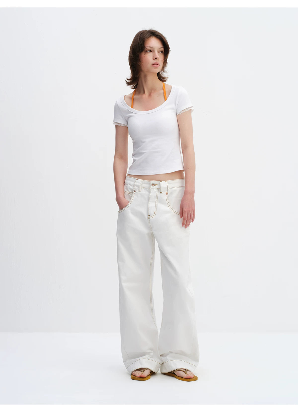 White Relaxed Fit 3D Cut Wide-Leg Denim Jeans