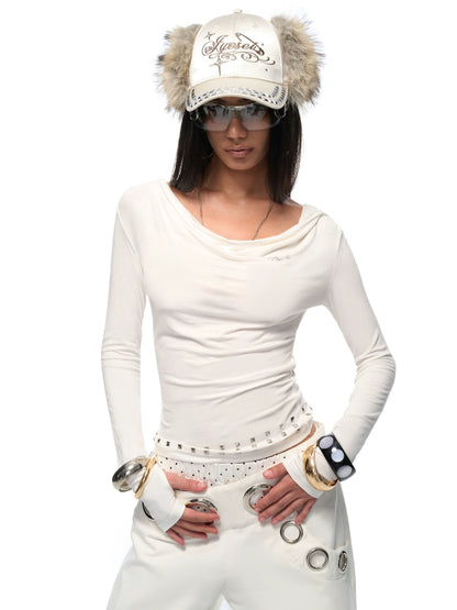 Long-Sleeve Studded Rhinestone Fitted T-Shirt