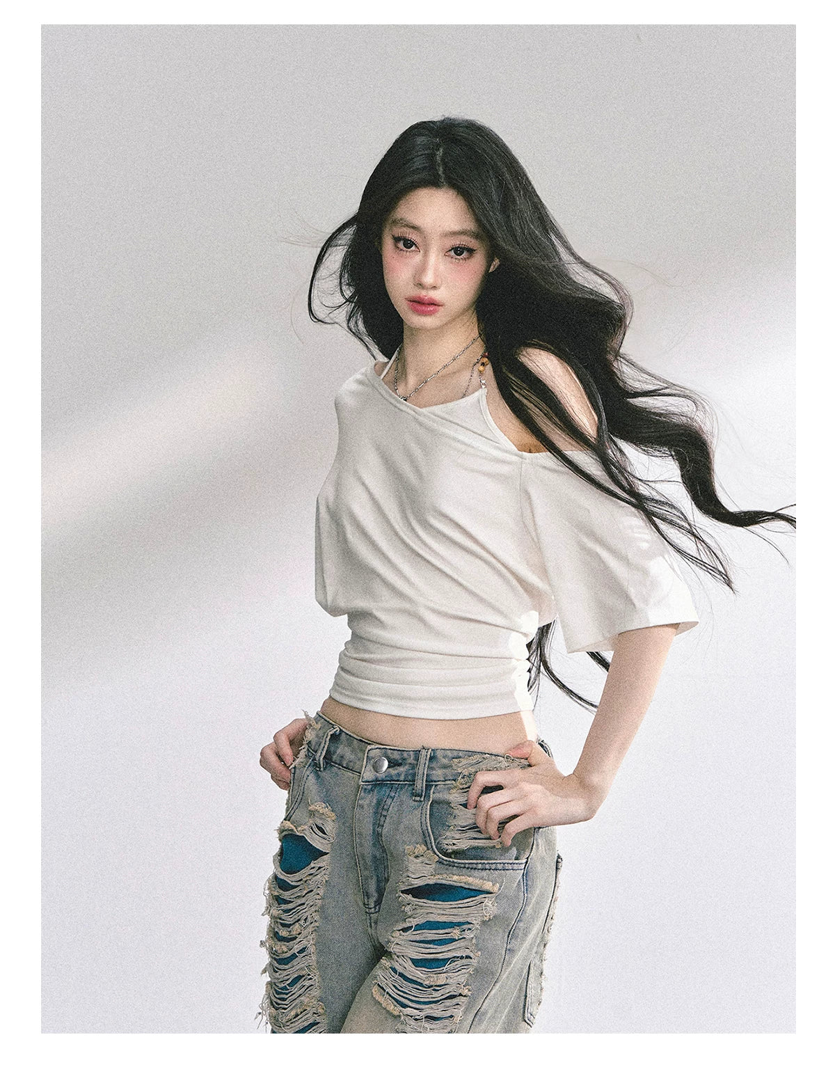 Asymmetric Short-Sleeve Halter Crop T-Shirt