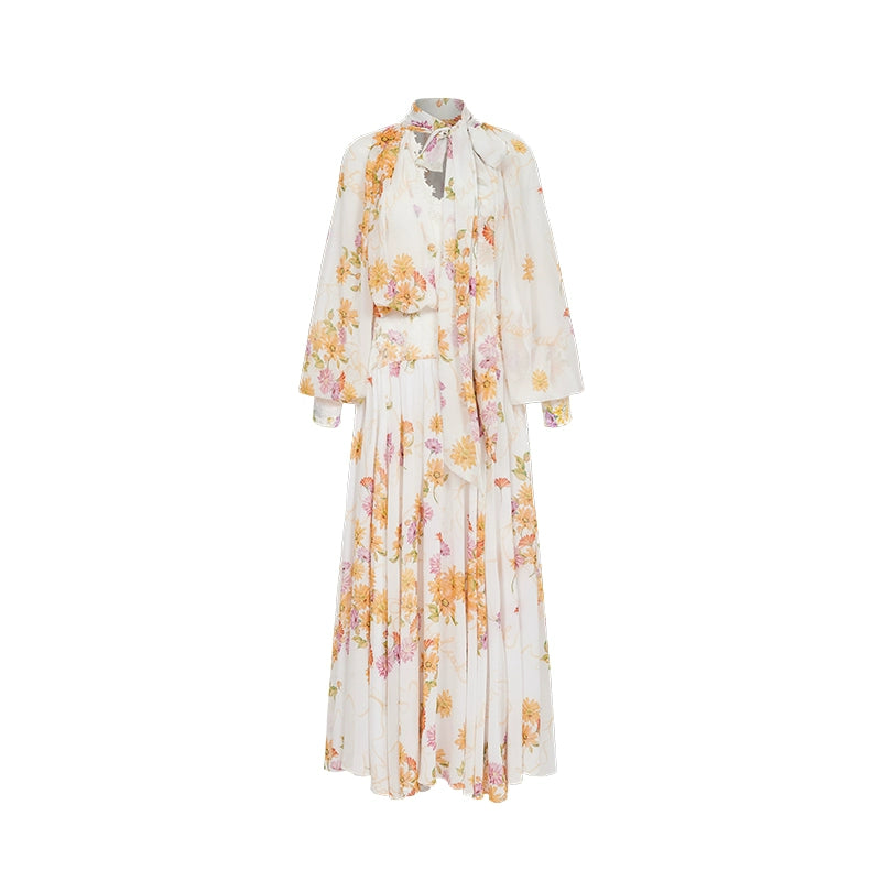 Milena Chiffon Lace Lantern Sleeve Midi Dresse
